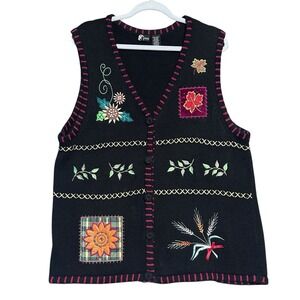 Holiday Editions XL Vest Fall Wear Art Ramie Cotton Embroidered Beaded Y2K Festi